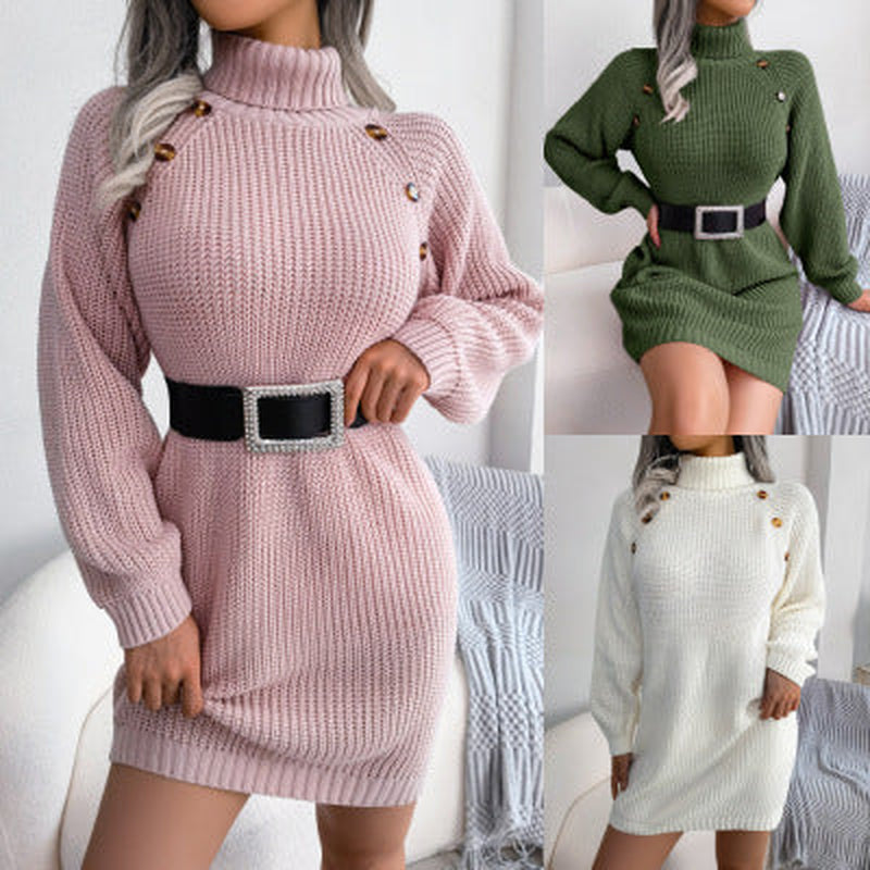 Cozy Elegance โ Winter Turtleneck Sweater Dress with Button Detail